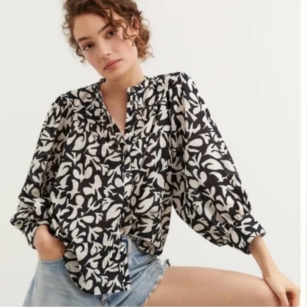 Danielle Kroll for Anthropologie Black White Whimsy Button Down Top Medium